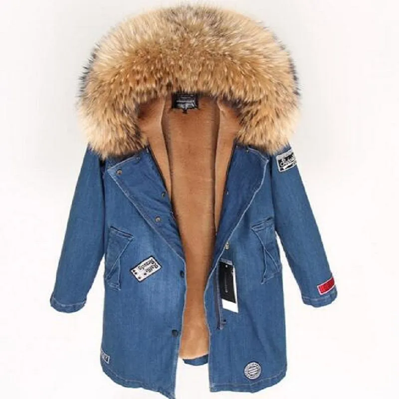 Women's Winter Casual Denim Thick Slim Parka With Raccoon Fur