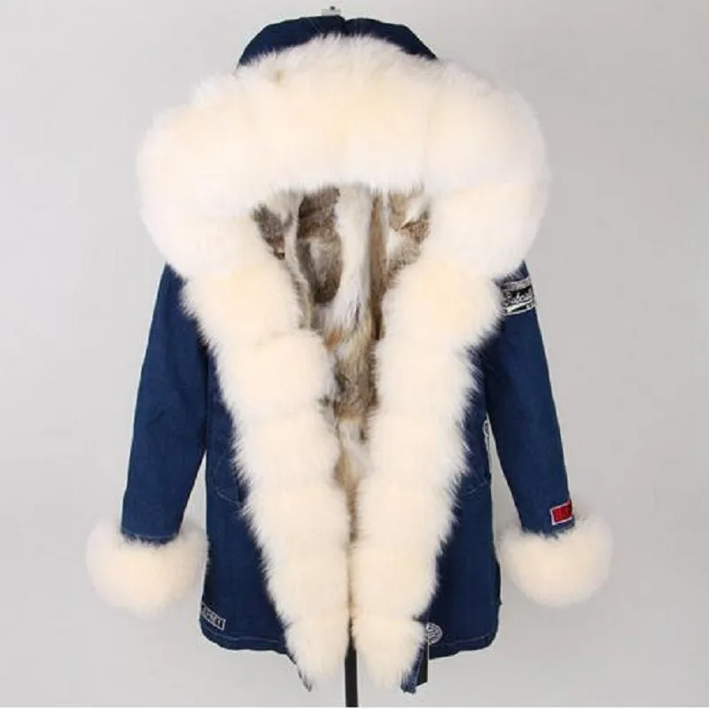 Women's Winter Casual Denim Thick Slim Parka With Raccoon Fur