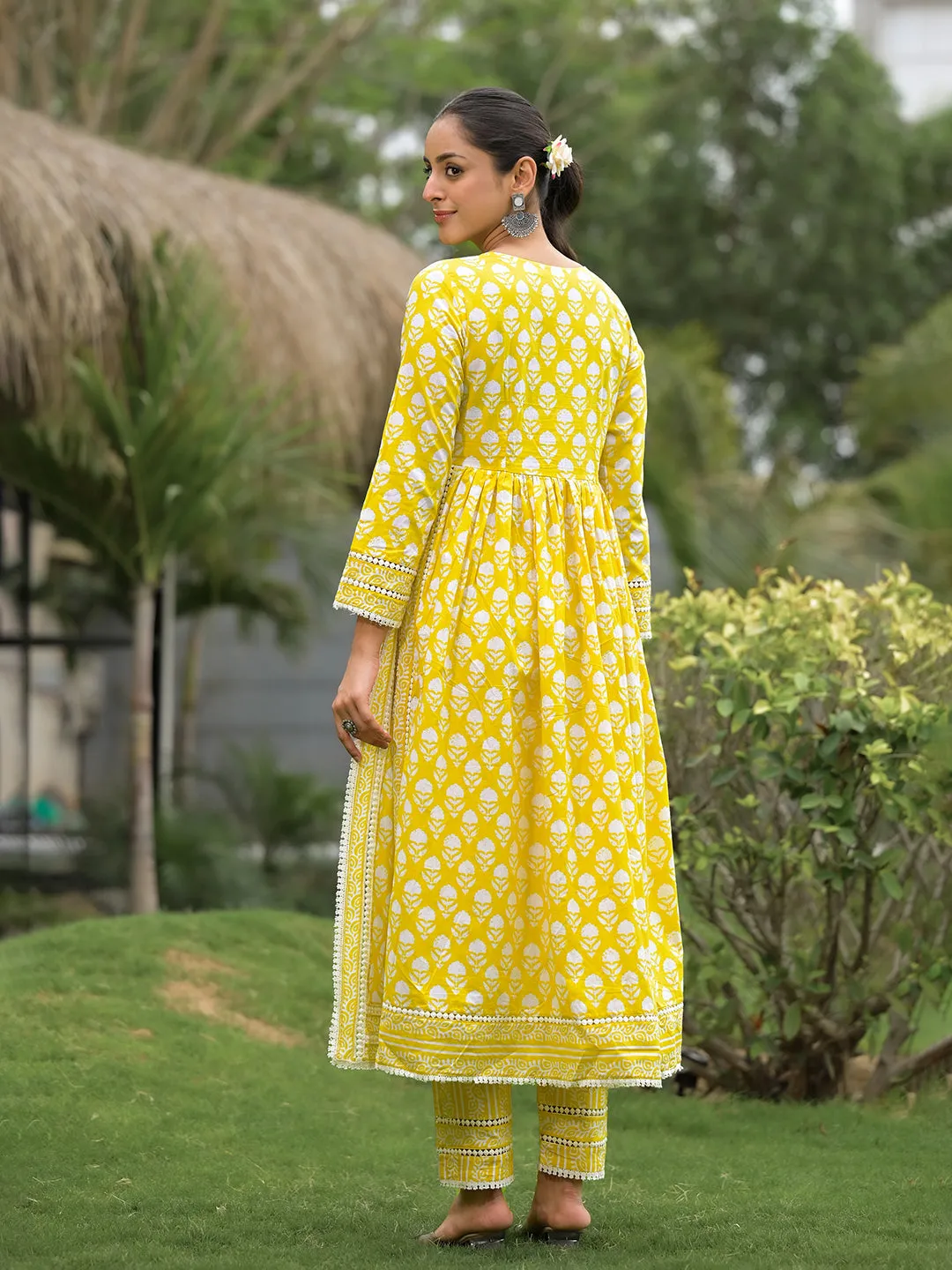 Yellow Floral Print Cotton Kurta Pants With Dupatta Set For Women