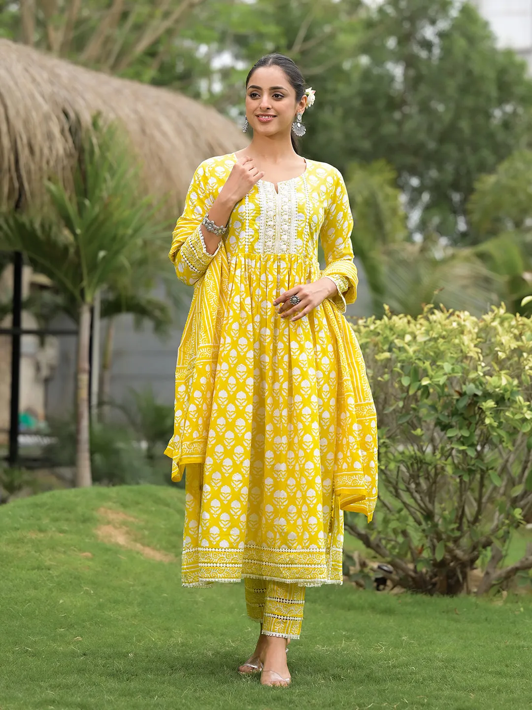 Yellow Floral Print Cotton Kurta Pants With Dupatta Set For Women