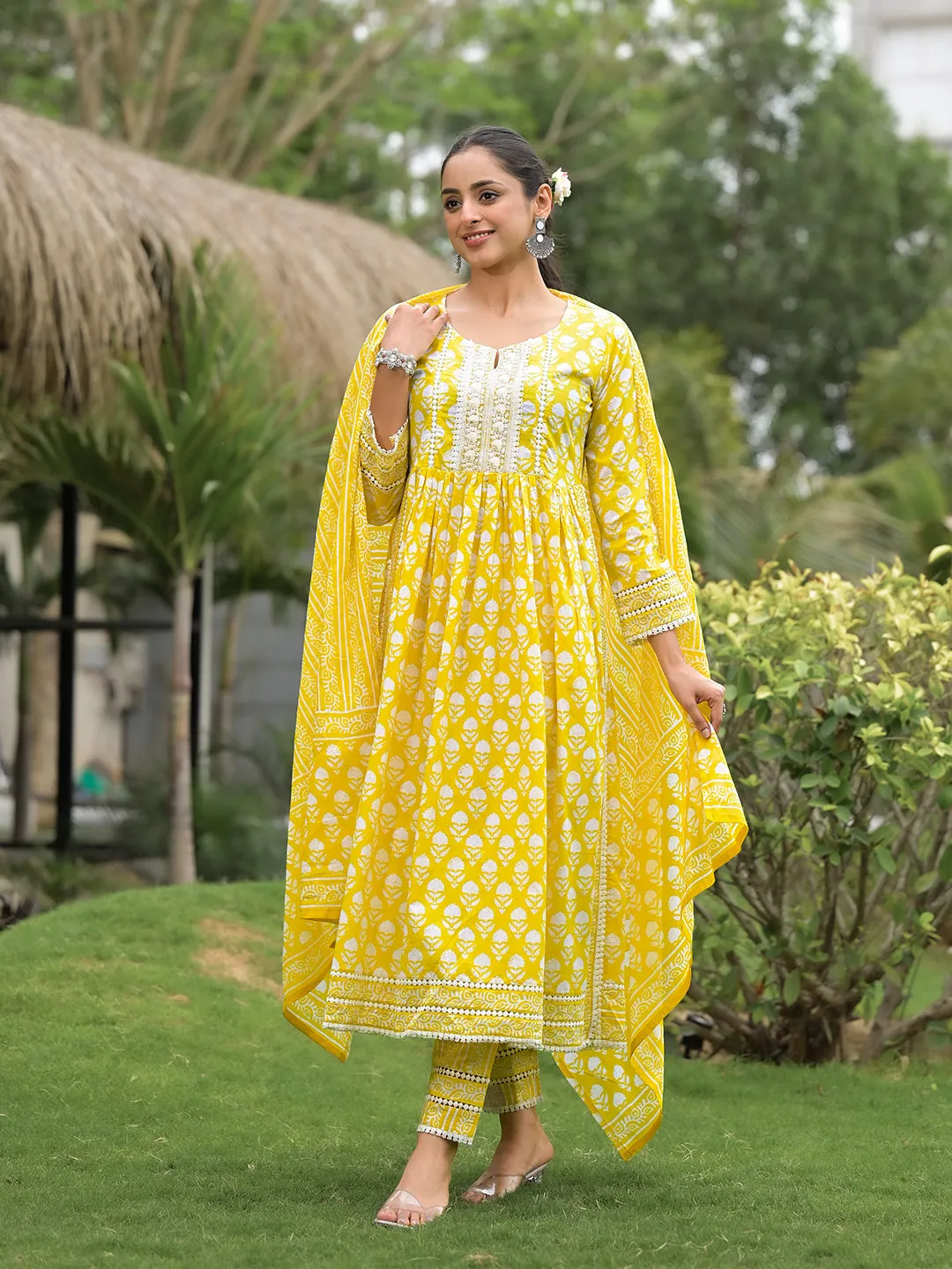 Yellow Floral Print Cotton Kurta Pants With Dupatta Set For Women