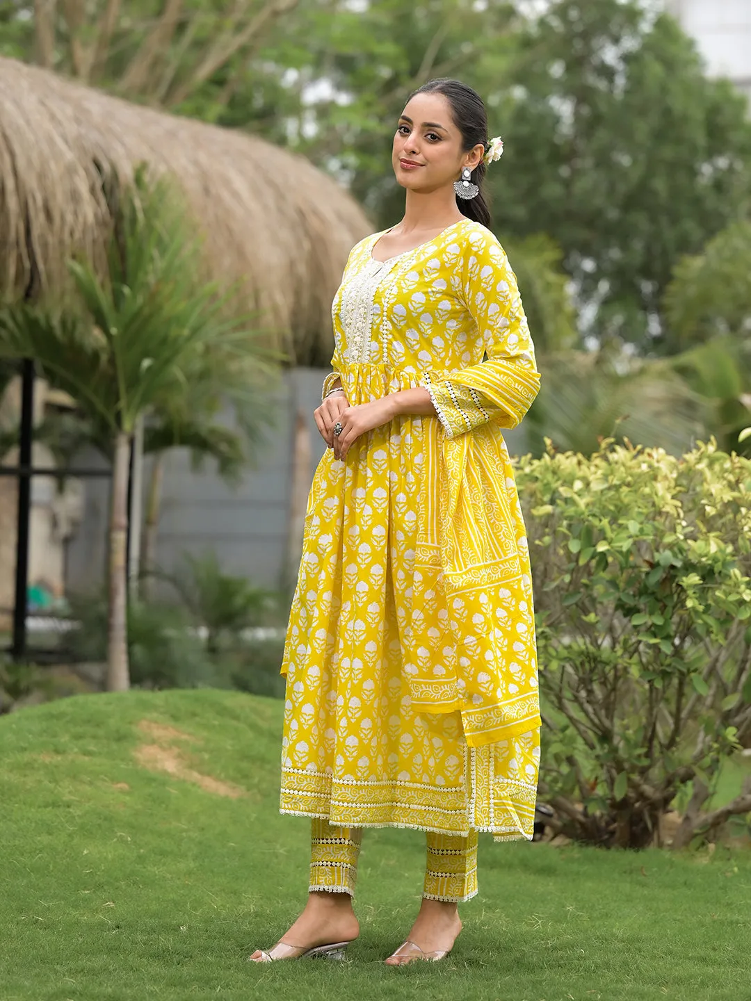 Yellow Floral Print Cotton Kurta Pants With Dupatta Set For Women