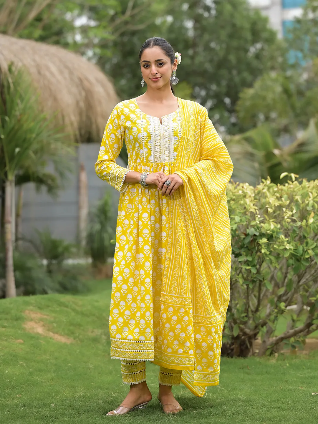 Yellow Floral Print Cotton Kurta Pants With Dupatta Set For Women