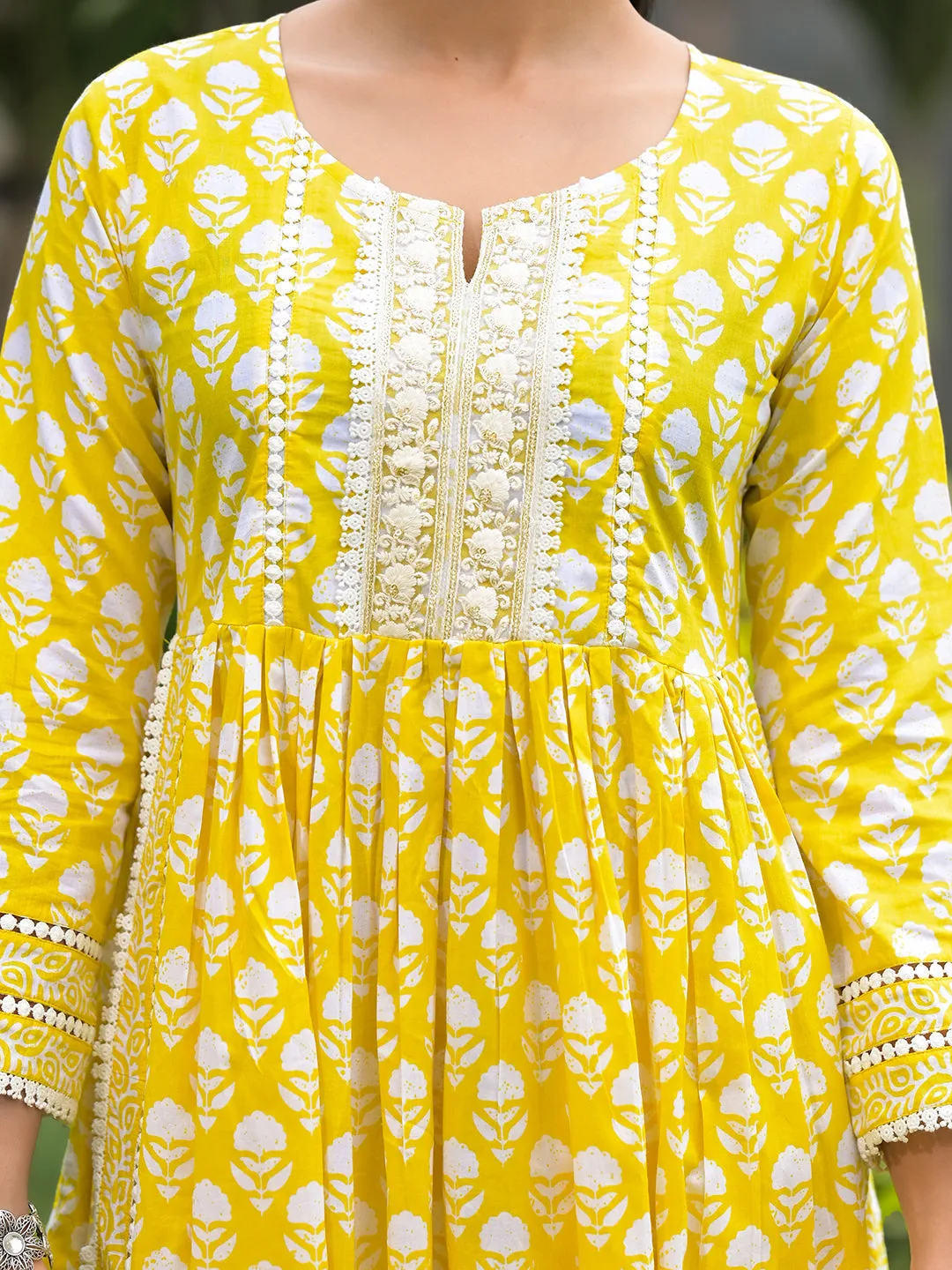 Yellow Floral Print Cotton Kurta Pants With Dupatta Set For Women